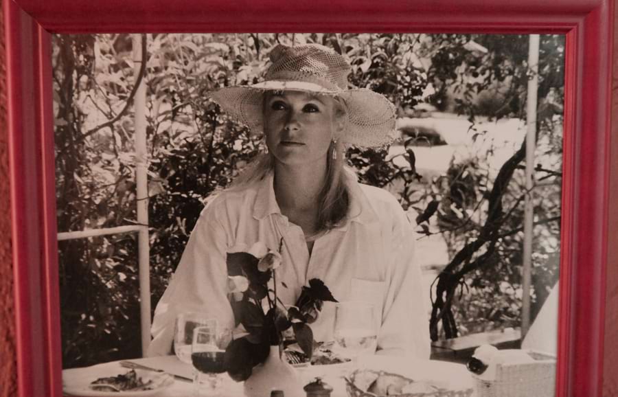 Catherine Deneuve mit Strohhut und weißer Bluse sitzt beim Essen am Tisch mit Weingläsern, Tellern und Rosen in einer Blumenvase, sommerliches Ambiente, alles als Bild an der Wand.