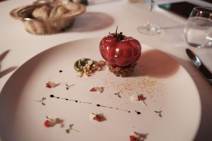 Die rote Tomate mit Zucchinipüree mit Pesto, Tomatensorbet und Zitrusfrüchtestaub auf einem schön dekorierten, weißen, großen Teller