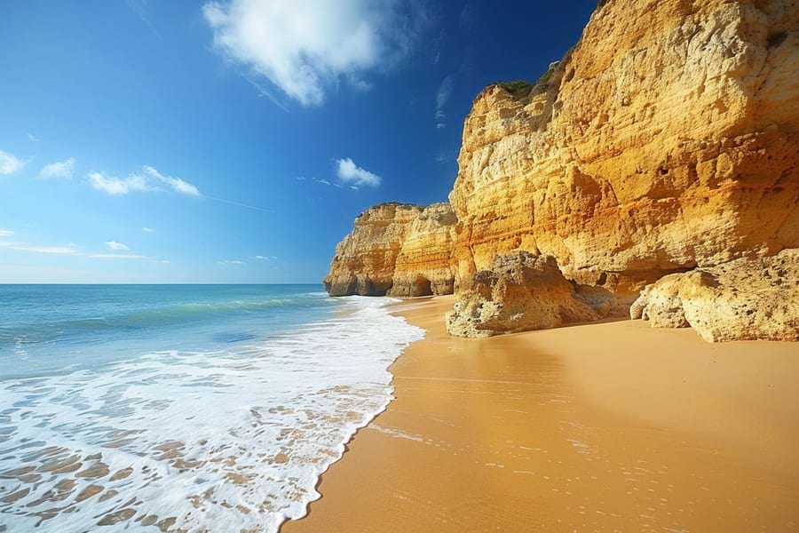 Algarve. Goldener, feinster Sandstrand an der goldgelben Steilküste, bizarre Felsformationen am blauen Meer