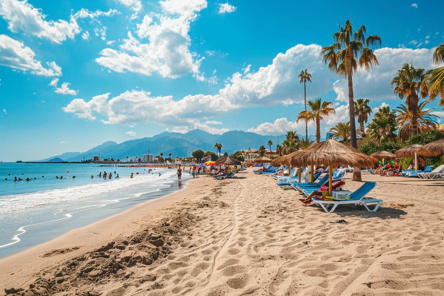 Costa del Sol. Feiner, breiter, langer Sandstrand. Blaue Sonnenliegen und Sonnenschirme machen den Strandurlaub komfortabel am blauen Mittelmeer