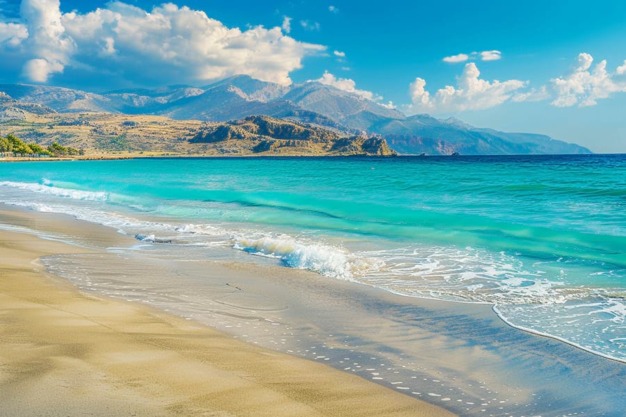 Kreta. Wunderschöner, feinsandiger, gelber Strand, türkisblaues, kristallklares, weites Meer, beeindruckende Berglandschaft im Hintergrund