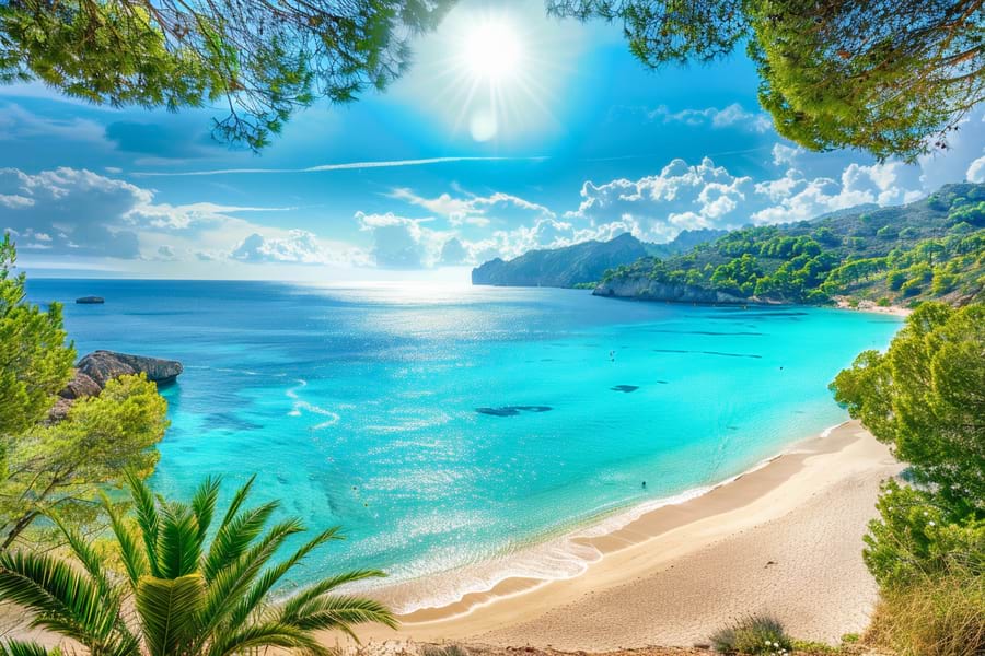 Mallorca. Traumhafter, gelber, leerer Strand mit feinem Sand am türkisblauen Mittelmeer in idyllischer Bucht mit grüner Vegetation