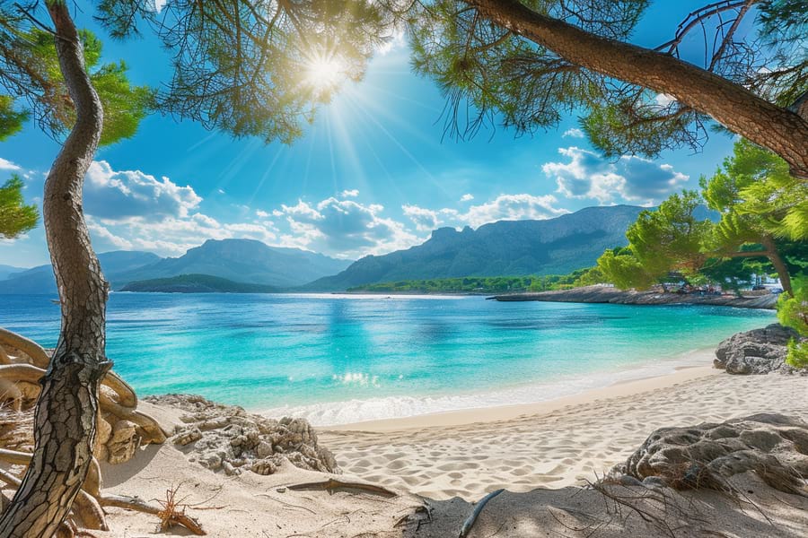 Mallorca. Verzaubernder, feiner, weißer Sandstrand am türkisblauen Meer in herrlicher Bucht, schön umrahmt von grünen Pinienbäumen